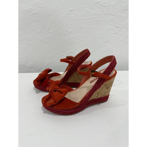 Prada Suede Bow Logo Accent Wedge Slingback Espadrille Sandals Rust Size 37.5 - Picture 3 of 5